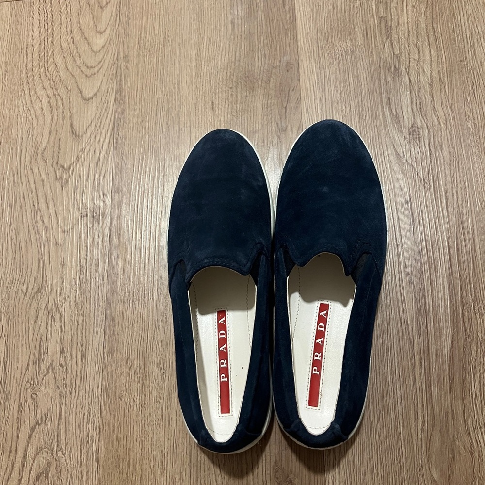 Prada navy suede slip on